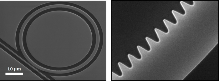 Researchers demonstrated a silicon-based optical communication link that combines two multiplexing technologies to create 40 optical data channels. The ring-shaped photonic crystal resonator (left) features a nanopattern inside (right) that splits a selected resonant mode for comb generation. Images taken with scanning electron microscopy.  CREDIT Su-Peng Yu, NIST