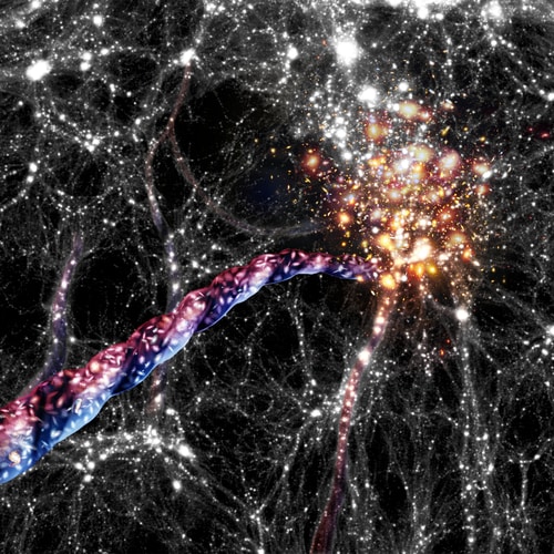 Artist’s impression of cosmic filaments: huge bridges of galaxies and dark matter connect clusters of galaxies to each other. Galaxies are funnelled on corkscrew like orbits towards and into large clusters that sit at their ends. Their light appears blue-shifted when they move towards us, and red-shifted when they move away.  Credit: AIP/ A. Khalatyan/ J. Fohlmeister