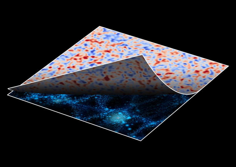 Artist’s visualization of this research. Using AI driven data analysis to peel back the noise and find the actual shape of the Universe. (Credit: The Institute of Statistical Mathematics)