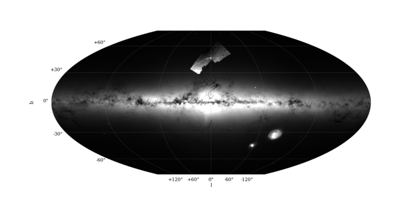 Above is a all sky view in galactic coordinates. The number of stars is higher in brighter regions. Most of the image, where the Milky Way plane is visible (b = 0 degrees), is produced using Gaia eDR3 data. The small patch in the top-centre shows a region where deeper DESI Legacy Imaging Survey (DECaLS) data is available, which allows for Palomar 5 and its tidal tails to be seen. Image: M. Gieles et al./Gaia eDR3/DESI DECaLS