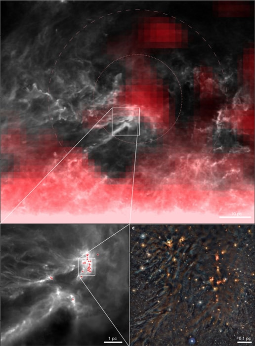 Multi-wavelength observations of the Ophiuchus star-forming region reveal interactions between clouds of star-forming gas and radionuclides produced in a nearby cluster of young stars. The top image (a) shows the distribution of aluminum-26 in red, traced by gamma-ray emissions. The central box represents the area covered in the bottom left image (b), which shows the distribution of protostars in the Ophiuchus clouds as red dots. The area in the box is shown in the bottom right image (c), a deep near-infrared color composite image of the L1688 cloud, containing many well known prestellar dense-gas cores with disks and protostars.