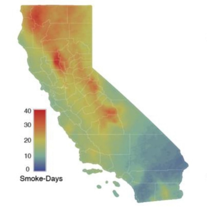 Average number of smoke days per year.  CREDIT Heft-Neal et al. 2021, Environmental Research