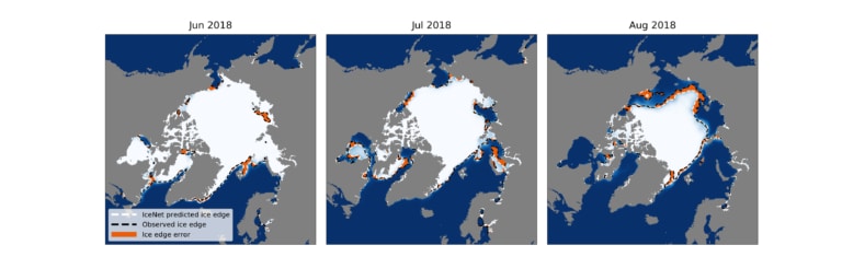 IceNet test. Figure 3, in Seasonal Arctic sea ice forecasting with probabilistic deep learning by Tom Andersson et al. (2021)