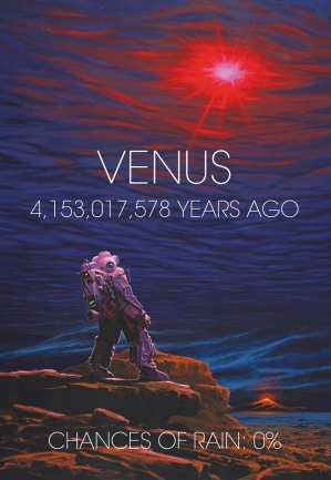 Artist’s view of the surface and atmosphere of early Venus, more than 4 billion years ago. In the foreground is a mysterious explorer surprised to see the oceans completely vaporised in the sky. © Manchu