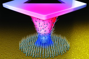 Thermal dip-pen nanolithography turns the tip of a scanning probe microscope into a tiny soldering iron that can be used to draw chemical patterns as small as 20 nanometers on surfaces. (Image courtesy of DeYoreo, et. al)