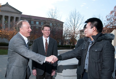   	 Purdue, Notre Dame and GE Healthcare partner to make 'ultra low' radiation-dose, high-clarity CT imaging a reality  November 30, 2011  WEST LAFAYETTE, Ind.; NOTRE DAME, Ind.; and WAUKESHA, Wis. – Demonstrating their shared legacy of innovative research and commitment to patient-centered medical technology, Purdue University, University of Notre Dame and GE Healthcare announce a proprietary new CT scanning reconstruction technology called Veo™ that may enable physicians to diagnose patients with high-clarity images at previously unattainable low radiation dose levels.  Purdue Research Foundation's Office of Technology Commercialization, University of Notre Dame and GE Healthcare announced Monday (Nov. 28) the commercial availability of a new CT scanning technology that enables physicians to diagnose patients with high-clarity images at previously unattainable low radiation dose levels. At the Purdue campus from left are Steve Gray, vice president and general manager of CT and Advantage Workstation for GE Healthcare; Charles Bouman, Purdue's Michael J. and Katherine R. Birck Professor of Electrical and Computer Engineering and a professor of biomedical engineering; and Ruoqiao Zhang, a Purdue graduate student supported by GE. (Purdue Research Foundation photo) 