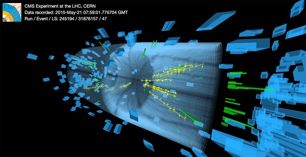 One of the first collisions in the CMS detector at the record-high energy of 13 TeV, taken during testing for the second run of the Large Hadron Collider in late May. (Image: CMS/CERN).