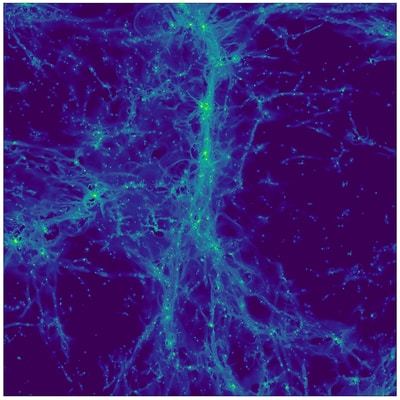 Figure 1: cosmological simulation of the distant Universe. The image shows the light emitted by hydrogen atoms in the cosmic web in a region roughly 15 million light years across.  In addition to the very weak emission from intergalactic gas, a number of point sources can be seen: these are galaxies in the process of forming their first stars. © Jeremy Blaizot