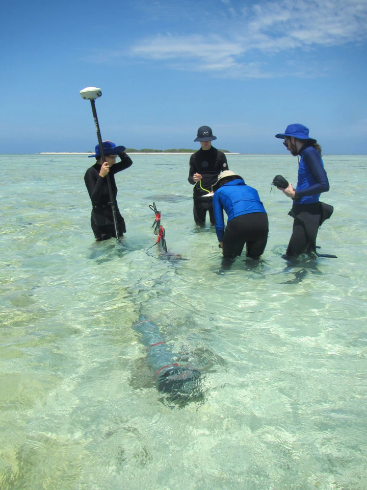 University of Sydney geoscientists deploying instruments into sand aprons at One Tree Island, Great Barrier Reef [Credit: University of Sydney]