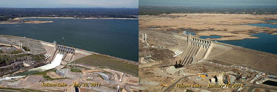 The severity of California's drought is visible at Folsom Lake, near Sacramento. On July 20, 2011, the lake was at 97 percent of capacity; on Jan. 16, 2014, it was at 17 percent.