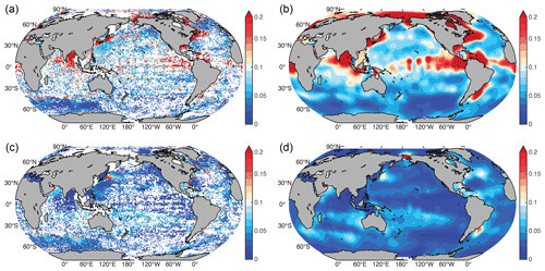 The estimated Var (a quantification of salinity subgrid variability) of in situ observations in this study. The original (a, c) and objectively analyzed fields (b, d) are presented for the depths of 20 m (a, b) and 300 m (c, d), respectively, as two examples.