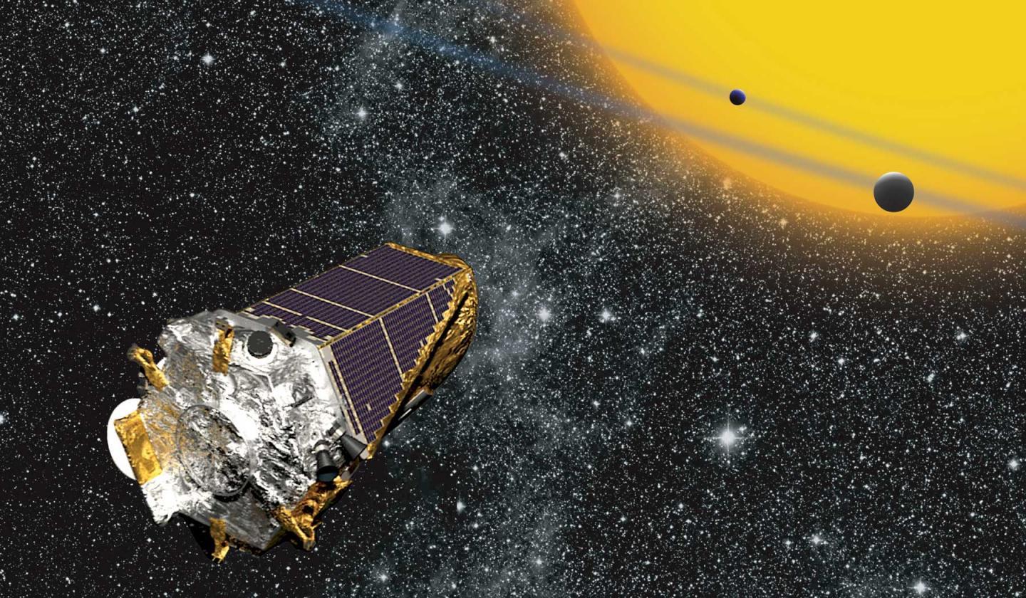 CAPTION Artist's conception of Kepler telescope observing planets transiting a distant star.  CREDIT NASA Ames/ W Stenzel.