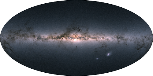 Gaia's all-sky view of our Milky Way Galaxy and neighbouring galaxies, based on measurements of nearly 1.7 billion stars. The map shows the total brightness and colour of stars observed by the ESA satellite in each portion of the sky between July 2014 and May 2016. Copyright: ESA/Gaia/DPAC, CC BY-SA 3.0 IGO