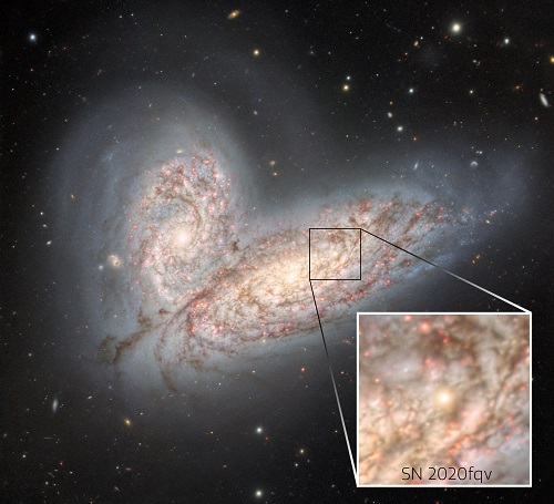 The merging galaxy pair NGC 4568 and NGC 4567 and supernova SN 2020fqv (callout box). This image from the Gemini North telescope in Hawai‘i reveals a pair of interacting spiral galaxies — NGC 4568 (bottom) and NGC 4567 (top) — as they begin to clash and merge. The galaxies will eventually form a single elliptical galaxy in around 500 million years. Also shown in the image is the glowing remains of a supernova that was detected in 2020. Credit: International Gemini Observatory/NOIRLab/NSF/AURA. Image processing: T.A. Rector (University of Alaska Anchorage/NSF's NOIRLab), J. Miller (Gemini Observatory/NSF's NOIRLab), M. Zamani (NSF’s NOIRLab) & D. de Martin (NSF’s NOIRLab)