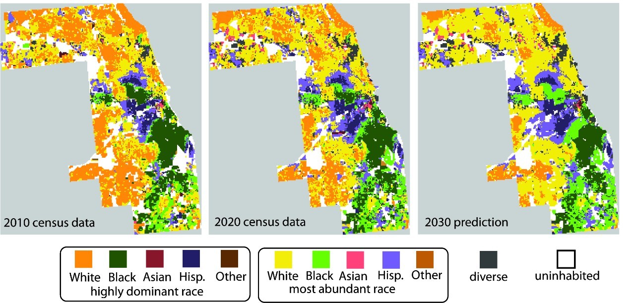 A predictive map of Cook County in 2030, far right, shows how the racial composition of neighborhoods will change compared to maps using U.S. Census data from 2010 and 2020.  CREDIT Tomasz Stepinski/UC