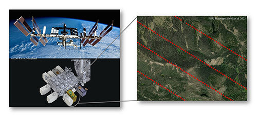 This graphic, created by Austin Smith, shows the Global Ecosystem Dynamics Investigation instrument on the International Space Station and a map of a forested area analyzed by the instrument. (University of Maryland and Esri Photos)