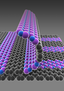 Schematic illustration of single-atom-thick films with patterned regions of conducting graphene (gray) and insulating boron nitride (purple-blue).