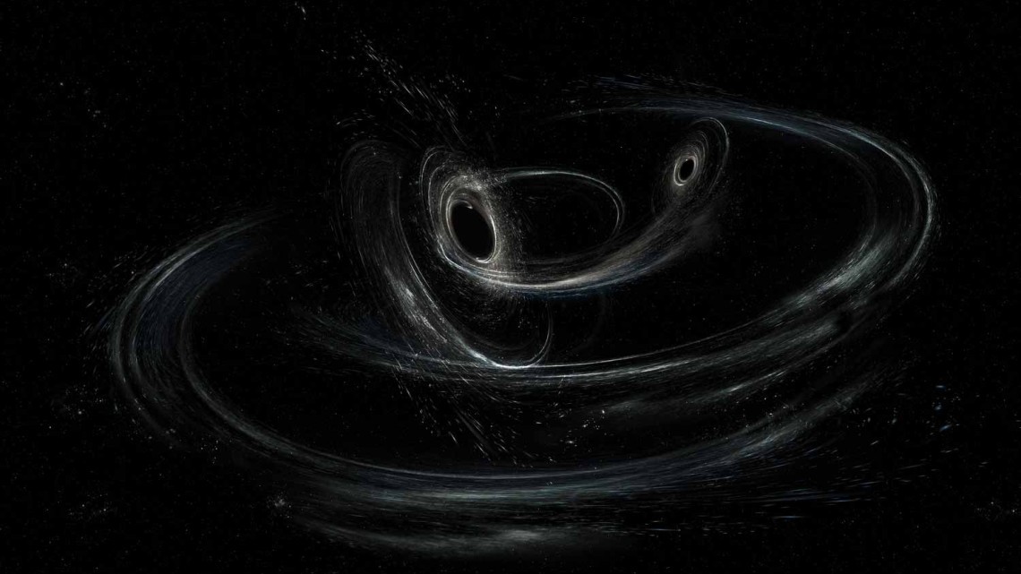 LIGO/Caltech/MIT/Sonoma State (Aurore Simonnet) An artist's conception of a precessing binary black hole. The black holes, which will ultimately spiral together into one larger black hole, are shown here orbiting one another in a plane. The black holes are spinning in a non-aligned fashion, which means they are tilted relative to the overall orbital motion of the pair. This causes the orbit to precess like a top spinning along a tilted axis.  