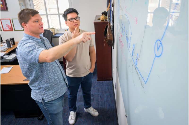 A new theoretical study led by University of Delaware engineers reveals that magnons, a type of magnetic spin wave, can produce detectable electric signals. Pictured, Matt Doty, professor in the Department of Materials Science and Engineering, and postdoctoral researcher D. Quang To discuss their findings.