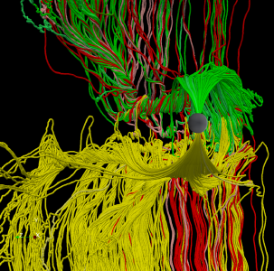 The complex entanglement and mixing of the field lines results from the formation of a magnetic flux rope generated by the magnetic reconnection process. (Courtesy: H. Karimabadi and B. Loring)