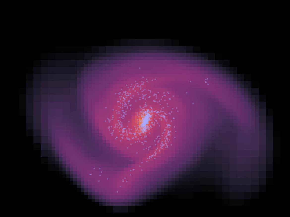 The distribution of matter 1.5 billion years after the start of the simulation. The lighter the color, the higher the density of the gas. The light blue dots show young stars. © AG Kroupa/Uni Bonn