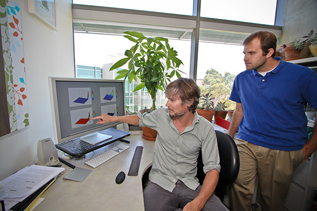 Project Scientist Daniel Hyduke and Ph.D. candidate Joshua Lerman, in the Palsson Systems Biology Research Group, Department of Bioengineering, discuss how their model enables detailed calculations of the total cost of synthesizing many different chemicals, including biofuels. Photo Credit: UC San Diego Jacobs School of Engineering