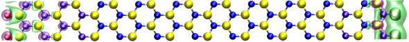 A computer model shows a unit cell of an oxygen edge-terminated boron nitride nanoribbon with magnetic states at the edges. Image courtesy Alejandro Lopez-Bezanilla.