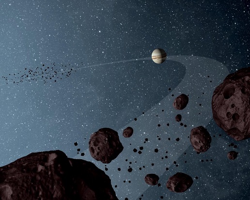 Artistic interpretation of Jupiter's Trojan asteroids. A group moves in front of the gas giant and a group follows behind. Illustration: NASA / JPL-Caltech.