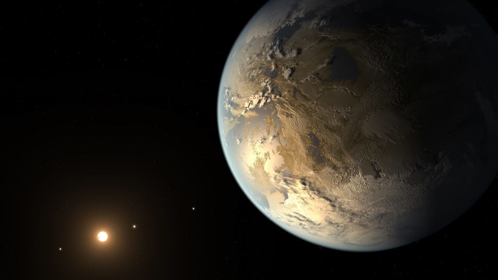 An artist’s depiction of Kepler-186f, an Earth-sized exoplanet, showing a hypothetical surface that includes partial ice coverage at the poles.NASA Ames/SETI Institute/JPL-Caltech