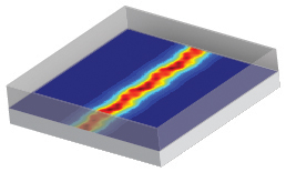 Wires just one atom tall have been created by inserting a string of phosphorus atoms in a silicon crystal by a team of researchers from the Univeristy of New South Wales, Melbourne Univeristy and Purdue University. This image from a computational simulation run of the wires shows electron density as electrons flow from left to right. The wires are 20 times smaller than the smallest wires now available and measure just four atoms wide by one phosphorus atom tall. (Purdue University image/Sunhee Lee, Hoon Ryu and Gerhard Klimeck)