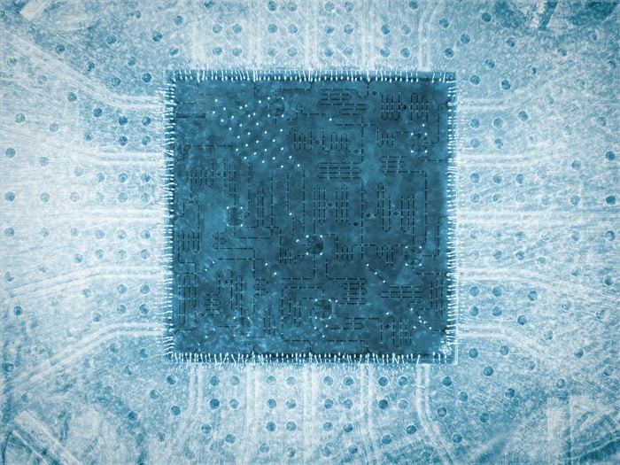 Artistic image of a seven-transmon superconducting quantum processor similar to the one used in this work  CREDIT DiCarlo Lab and Marieke de Lorijn