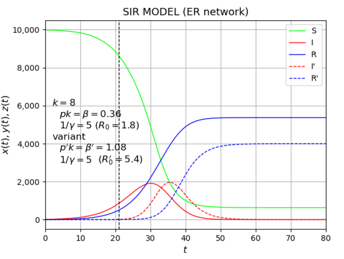 Simulation on a network of numbers of susceptible (S), infected (I) and recovered (R) from a pandemic and its variant (I’, R’) over time. At t=21, a variant was added.