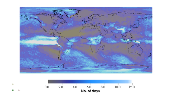 Extreme precipitation days per decade due to greenhouse warming over the 21st century. The first step in deriving the pattern shown is identifying the once-in-ten-year events of maximum precipitation over 2000-2009 for the 100 simulations. Here, this threshold is chosen as the lowest of the top 100 values of precipitation. For the second step, the number of days over 2090-2099 that exceed the threshold value is counted, and thereby while a value of 1 on the scale (units of days) means that there is no change in future, a value of 6 indicates 5 additional days of extreme precipitation in future. Note that the color scale saturates at 12 days to emphasize the response over land, given the very large amplitude over the eastern equatorial Pacific domain.