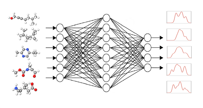 The graphical neural network GNN receives small molecules as input with the task of determining their spectral responses. By matching them with the known spectra, the GNN programme learns to calculate spectra reliably.  CREDIT K. Singh, A. Bande/HZB