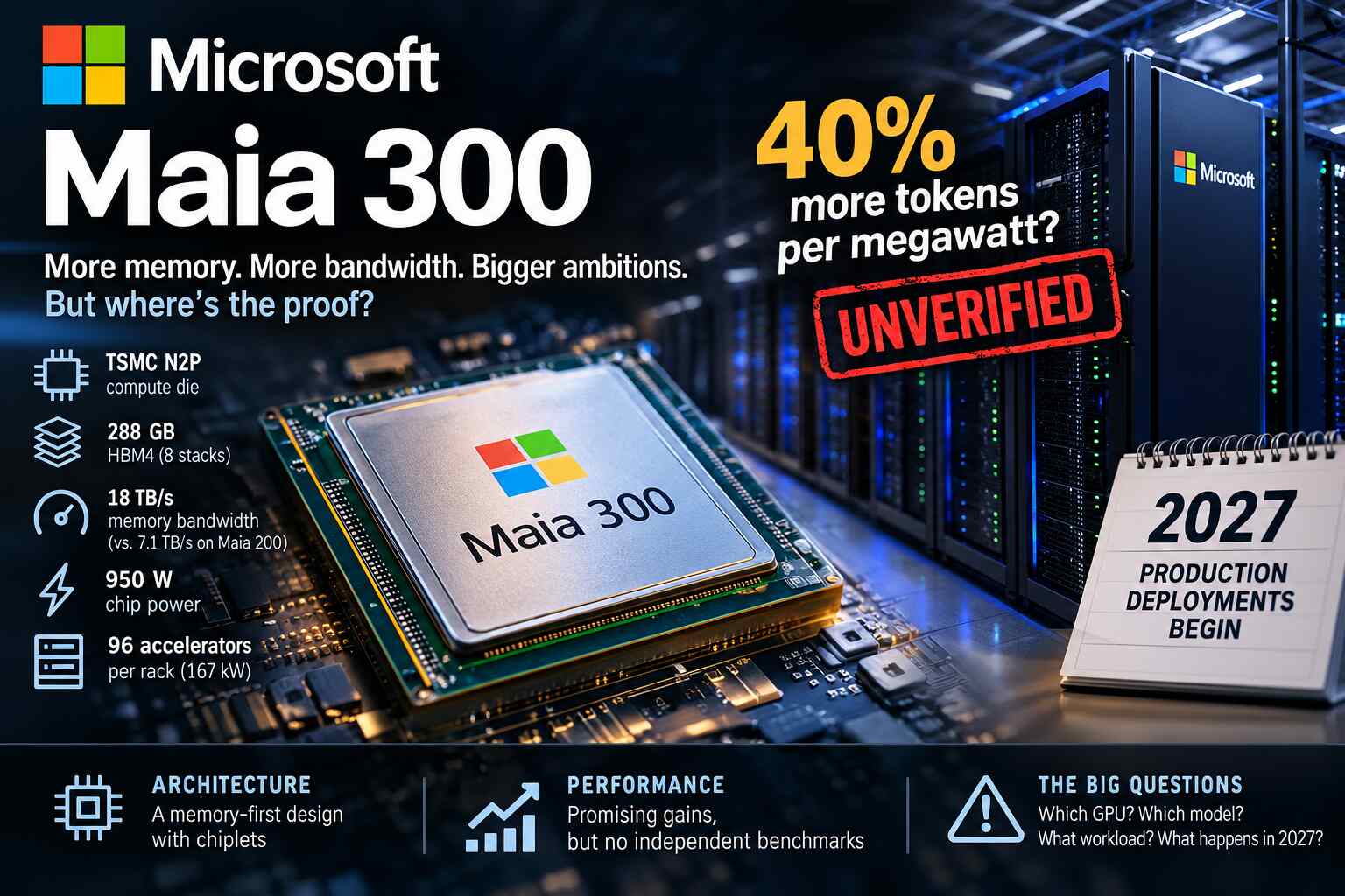 Microsoft’s Maia 300 promises 40% more AI tokens per megawatt; the benchmark is missing