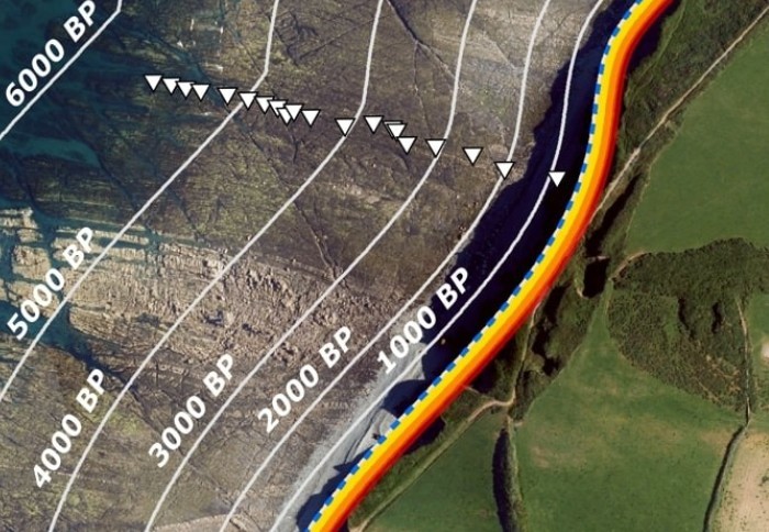 Forecast future cliff positions by 2100 at Bideford. Red line represents cliff position at current greenhouse gas emission rates.