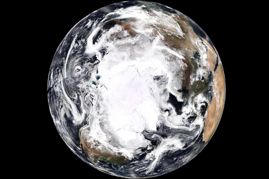 A composite image of the ice cap covering Earth’s Arctic region — including the North Pole — taken 512 miles above our planet on April 12, 2018 by the NOAA-20 polar-orbiting satellite.NOAA