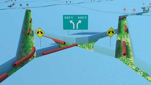 Split junction overview. Illustration of protein filaments (red) propelled by molecular motors (green) arriving at a junction where they perform a calculation operation (adding 5 or adding 0).