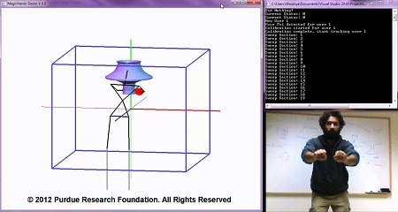 Purdue doctoral student Vinayak uses Handy-Potter to create a three-dimensional object. He is represented by a stick figure as he modifies the shape. (Purdue University image)