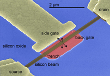 This image from a scanning electron microscope shows a tiny mechanical device, an electrostatically actuated nanoresonator, that might ease congestion over the airwaves to improve the performance of cell phones and other portable devices.