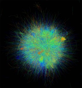 This graphic is a full-size view of a RiceNet layout, color-coded to indicate the likelihood of network links; red for higher and blue for lower likelihood scores. (Image from Ronald, et. al)