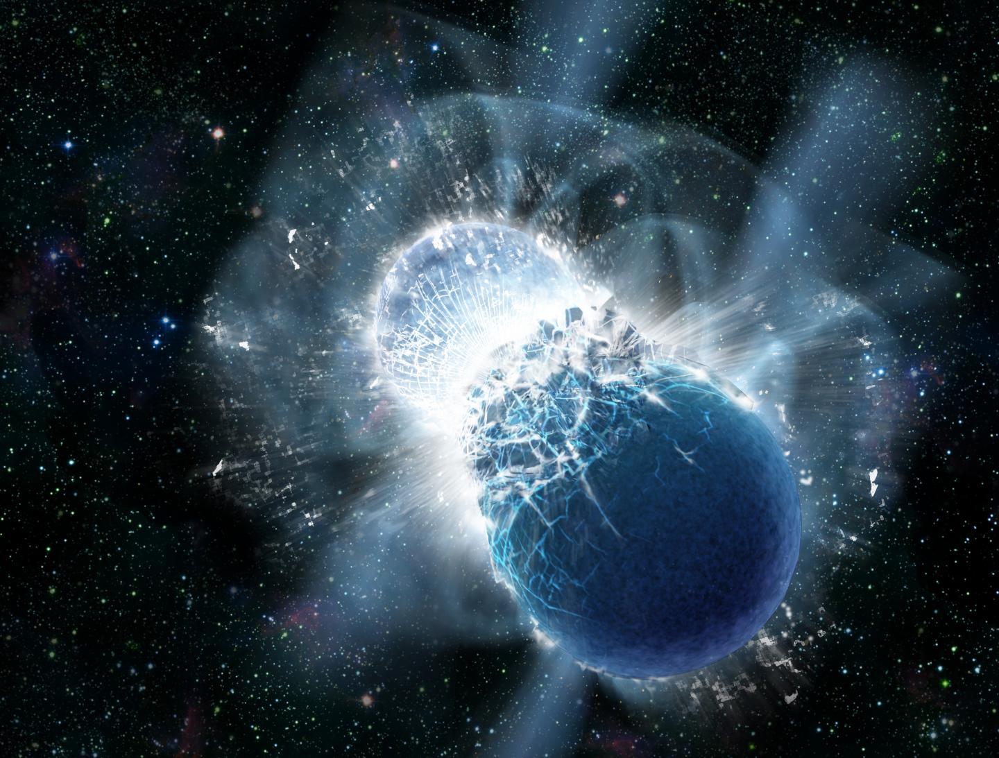 CAPTION Artistic representation: In a merger of neutron stars extreme temperatures and densities occur.  CREDIT Dana Berry, SkyWorks Digital, Inc.